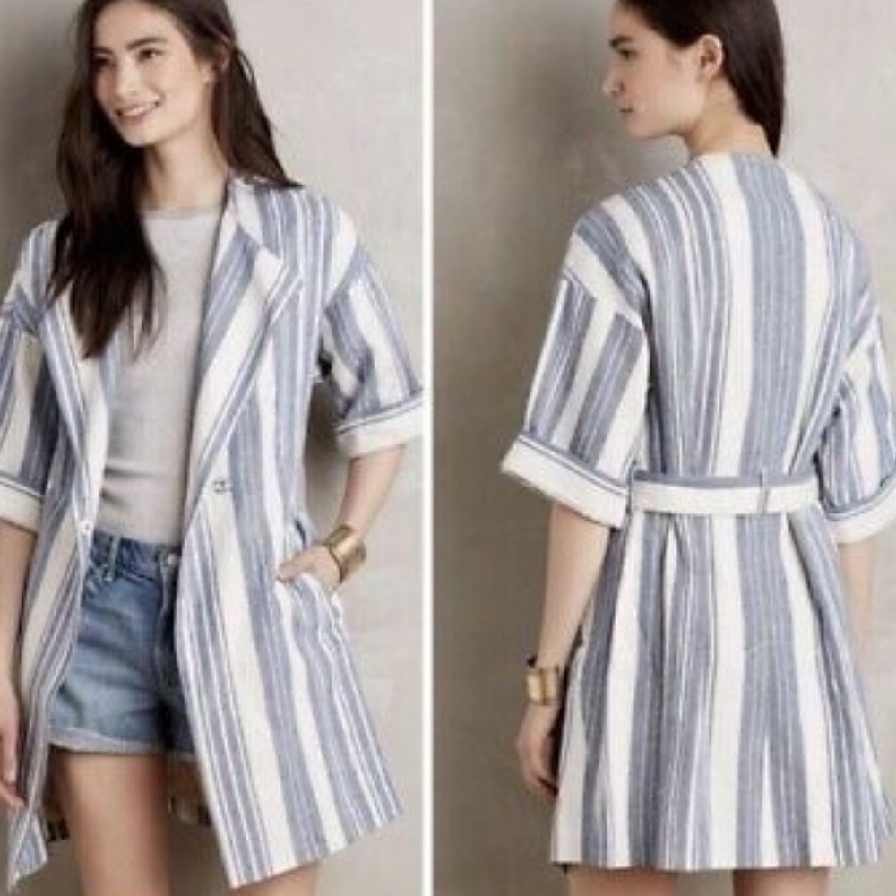 ELEVENSES Anthropologie Blue Striped Linen Jacket